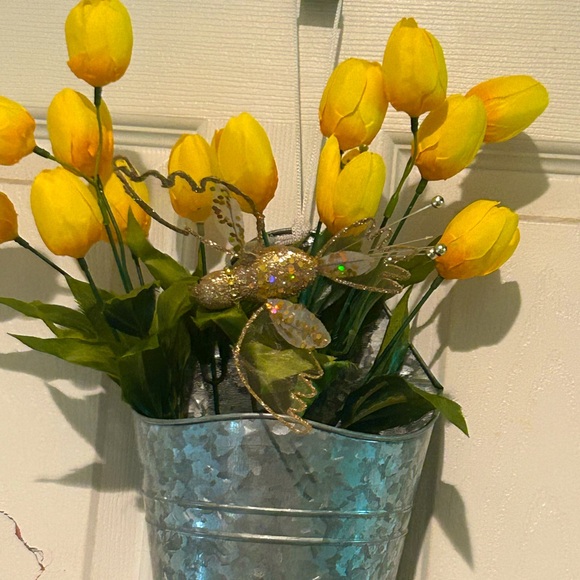 Yellow tulips in metal container decor - Picture 1 of 5